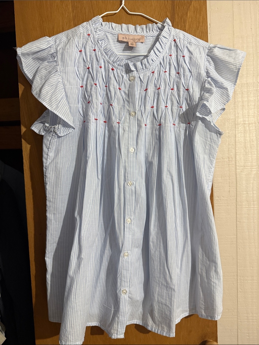 Philosophy Blue and White Pinstripe Sleeveless Smocked Top